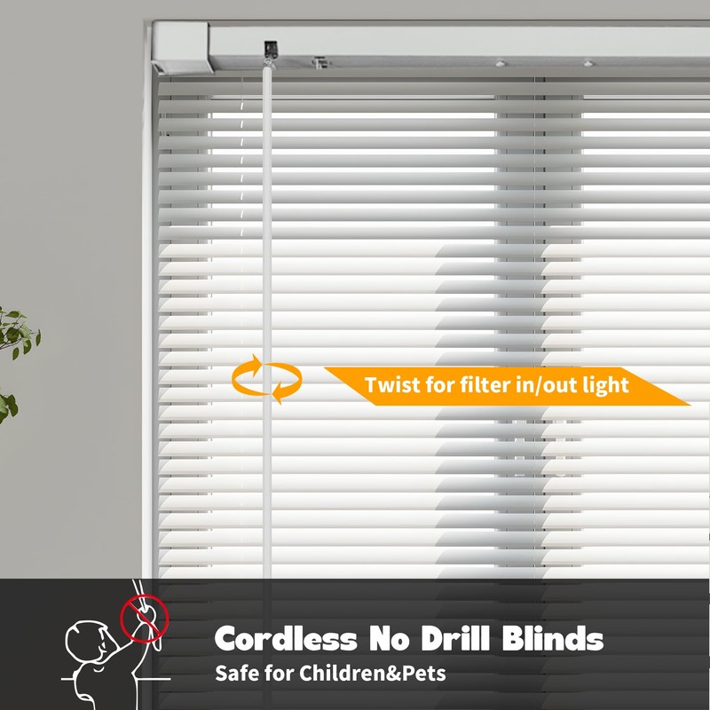No Drill L-Shaped Vinyl Cordless Mini Blinds,White,23.5" Wx 36" H