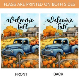 Morigins Welcome Harvest Fall Blue Truck Garden Flag Pumpkin Farmhouse Autumn Thanksgiving Outdoor Yard House Flag 28×40 inch