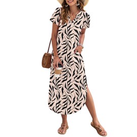 MISFAY Women's Summer Casual Maxi Dress 2025 Short Sleeves V Neck Loose Sundress Split Long Beach T Shirt Dress Vacation Outfits(Apricot Black Leaf,M)
