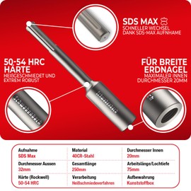 SCHWABENBACH® SDS MAX Ground Nail Driver - Heavy Duty Tool for Inserting Deep Soils, 250 x Diameter 32 mm, Inner Diameter 20 mm, Perfect for Ground Spikes and Secure Ground Anchors