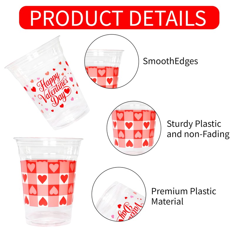 YISKUOPU 50Pcs Valentines Plastic Cups, 12oz Red Pink Valentines Day