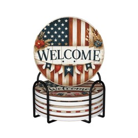 Coasters Set of 6, Coasters for Drinks Absorbent Stone with Holder, American Flag USA Flag Ceramic Drink Coaster for Tabletop Protection, Coffee Table Decor Ideal for Home Decor House Warming Gifts