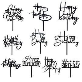 RASSLISA 10 Decoraciones de Acrílico para Tartas de Feliz Cumpleaños, Negro