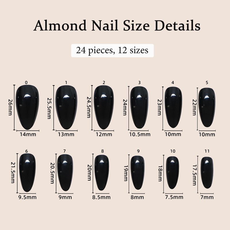 24Pcs Chrome Press on Nails Medium Almond Fake Nails Black