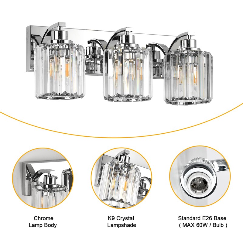 Haolaike 3 Lights Crystal Bathroom Vanity Light Modern Chrome Bathroom