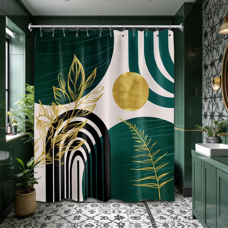 QGHOT Dark Green Shower Curtain Boho Mid Century Modern Emerald