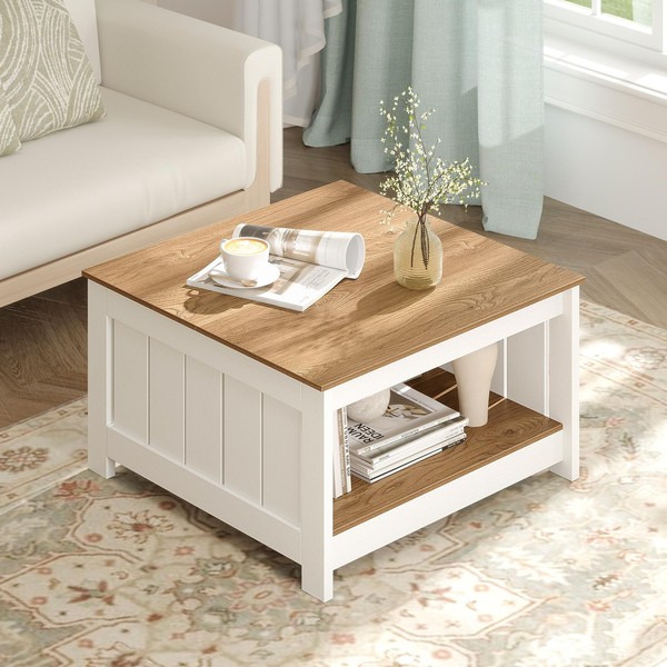 Giantex Farmhouse Coffee Table, 2-Tier Square Center Table for Living