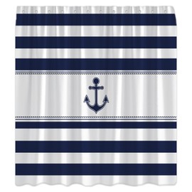 XHUUXH Nautical Anchor Shower Curtain Navy Blue White Striped Beach Ocean Lover Modern Marine Adventure Theme Decor Bathroom Curtains Set with Hooks