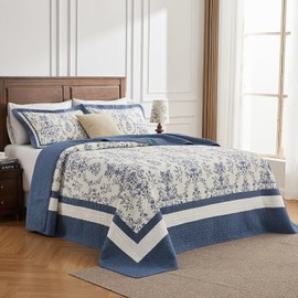 PANGUSHAN 120"×120" 100% Cotton Oversized Bedspread, California King Bedspread Reversible Medallion Floral Farmhouse XL Oversized Quilt Coverlet Bedding Set Lightweight Comforter, Navy Blue