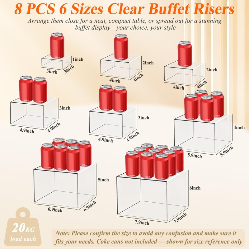 8 Pcs Clear Acrylic Buffet Risers with Mini Sign and