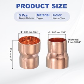 PATIKIL Copper Reducer 3/4" to 5/8" ID 5 PCS Copper Reducer Coupling Pressure Fitting Pipe Tube Connector Adapter with Sweat Solder Connection for HVAC Refrigeration Copper