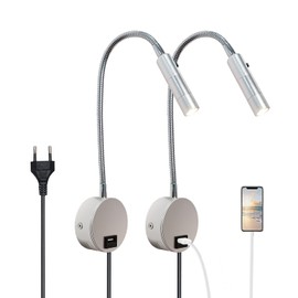 YNDD Pack of 2 Reading Lamps, Wall Mounted with Plug, 230 V Wall Bed Lamp with USB Charging Port and Aluminium Gooseneck, 3 W LED Wall Reading Lamp for Bedroom, Bed, Silver, 3000 K Warm White