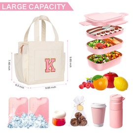 Joymee Leather Lunch Box Lunch Bag for Women Adult Insulated Reusable Leakproof Large Spacious Lunch Cooler Lunch Tote Bag with Bottle Holder and Side Pockets for Work Picnic Beach (Letter K)