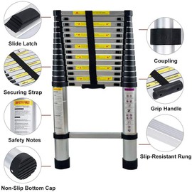 4.4M/14.5FT Telescoping Ladder with Detachable Hooks,Aluminum Extension Foldable Telescopic Ladder,Portable for Household Daily Outdoor Activities, 330 Pound Capacity