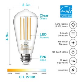 TJOY 20 Pack Vintage 8W ST58 LED Edison Light Bulbs, Dimmable, 60W Equivalent, 800Lumens, 2700K Warm White, E26 Base LED Filament Bulb, CRI80+, Antique Glass Style for Home, Bedroom, Office, Farmhouse