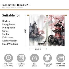 Cinekker Watercolor Cherry Blossom Kitchen Curtains - Japanese Asian Chinese Bathroom Window Treatment Drapes - Pink Flower Mountain Cafe Small Bedroom Short French Door Curtains - 27.5x39 Inch