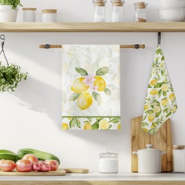 LADOCK Farmhouse Lemon Kitchen Towels Set of 2, Rustic Cottagecore Yellow Lemon Hand Towels for Bathroom Decor, Citrus Fruit Decor Dish Tea Towels for Kitchen, 16x24 Inch