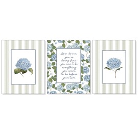 Pleonox Blue Hydrangea Floral Inspirational Wall Art Prints 8x10 Inch Set of 3, Sage Green Striped Hydrangea Flower Botanical Pictures Wall Decor for Home Living Room Girly Bedroom Dorm, Unframed