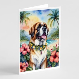 Caroline's Treasures Saint Bernard Luau Greeting Cards Pack of 8 Blank Cards with Envelopes Whimsical A7 Size 5x7 Blank Note Cards