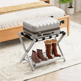 SpaceAid Fully Assembled Luggage Rack 1 Pack, Bamboo Foldable Suitcase Stand for Guest Room, Heavy Duty Folding Luggage Holder with Storage Shelf for Bedroom and Hotel, Gray