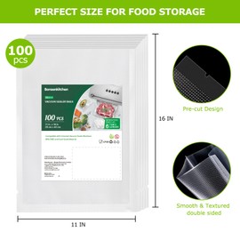 Bonsenkitchen Precut Vacuum Sealer Bags, 100 Gallon 11" x 16" Food Sealer Bags, Food Grade, BPA Free, Heavy Duty, Customized Vacuum Bags for Vac Storage, Meal Prep or Sous Vide Cooking, VB3214