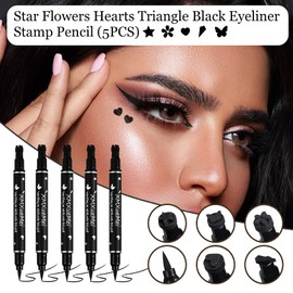 Double Side Liquid Winged Eyeliner Stamp,Smudge Proof Waterproof Eyeliner Pen Set,Long-Lasting Eye Liner Face Makeup,Star Flowers Hearts Triangle Black Eyeliner Stamp Pencil（5PCS）