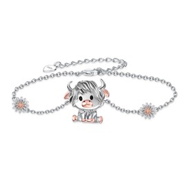 qielizhu Highland Cow Bracelet 925 Sterling Silver Cute Cow Bracelet with Daisy Highland Cow Jewelry Gift for Women