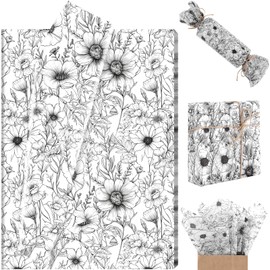 100 Sheets Black and White Wildflower Tissue Paper, Vantage Flower Gift Wrapping Paper for Spring Wedding Birthday Baby Shower Party Supplies, 13.8 x 19.7 Inch