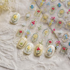 5D Embossed Flower Frame Nail Stickers Colorful Daisy Nail Designs 3D Self-Adhesive Floral Decals Summer Red Rose Bow Sunflower Nail Art Decoration for Women Girls DIY Manicure 1 Sheet