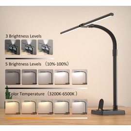 Ksunun Double Head LED Desk Lamp, Architect Desk Lamps for Home Office, 24W Brightest Workbench Office Lighting-5 Color Modes and 5 Dimmable Eye Protection Modern Desk Lamp (Black-Desktop, Big)
