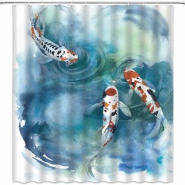 Koi Fish Shower Curtain Japanese Colorful Carp in The Pond Watercolor Ink Painting Art Asian Fabric Bathroom Decor Set 70x70 Inches Include Hooks