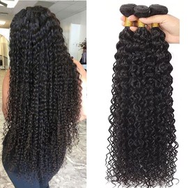 Water Wave Human Hair Bundles with Closure Wet and Wavy Bundles with Lace Closure Free Part (10 12 14+10) Unprocessed 10A Curly Wave Bundles Human Hair with 4x4 Lace Closure Natural Black Color