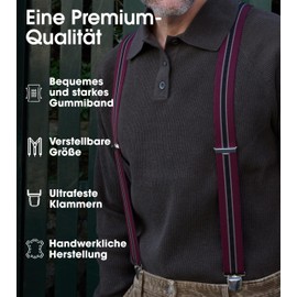 Pierrot Braces for Men Wide Made in Germany / France - Ultra Strong Elastic Band & 4 Extra Strong X-Clips - Adjustable Length up to 130 cm - Lifetime Guarantee, Bordeaux ribbon, Unit size