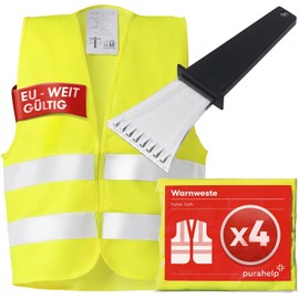 PURAHELP Set of 4 Car Safety Vests – Valid throughout Europe According to EN ISO 20471 – Includes Ice Scraper – Reflective Safety Vest Car Safety Vest Yellow – High Visibility Vest