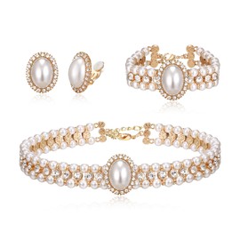 BriLove 1920s Pearl Necklace Vintage Costume Jewelry Set for Women, Multilayer Simulated Crystal Bracelet Clip-on Earrings for Cosplay Party Accessories