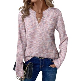 Dokotoo Womens Long Sleeve Tops Business Casual V Neck Waffle Knit Fall Outfits Loose Fit T Shirts Tunic Winter Womens Clothes Pink Shirts L