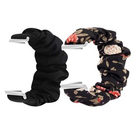 Lamshaw Compatible with Dyurwa P97 Smart Watch Band, Fabric Elastic Scrunchie Elastic Women Cute Replacement Straps Compatible for Soudorv P97, Dyurwa P97 Smart Watch (2 pack-Black+Black Flower)