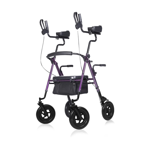 ELENKER All-Terrain Upright Rollator Walker, Stand Up Rolling Walker with 10’’Big PU Wheels and Adjustable Padded Armrests for Seniors from 4’8”to 6'4”, Purple