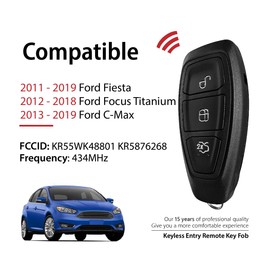 Car Key Fob Remote Keyless Entry Control KR55WK48801 434MHz 3 Button Replacement for 2011-2019 Ford Fiesta Focus Titanium C-Max - 2 Pack