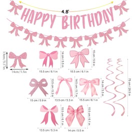 KCTOAMZ 30Pcs Happy Birthday Pink Bow Banner Sparkly Decorated Girls-Bow-Themed ,Hanging Swirly Bow Decorations,Girls Birthday Party, Bachelorette Party Supplies