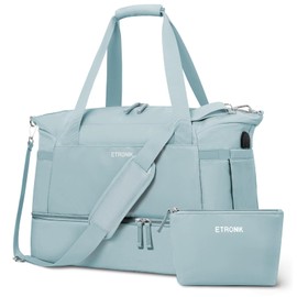ETRONIK Gym Bag for Women, Personal Item Travel Duffel Bag with Shoes Compartment, Weekender Overnight Bag with Wet Pocket & USB Charging Port, Carry On Bag for Women, Travel, Gym (Haze Blue)