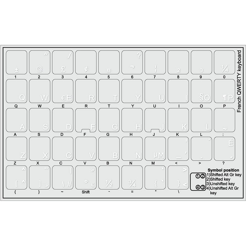 French QWERTY Canadian Keyboard Labels with White Lettering ON Transparent