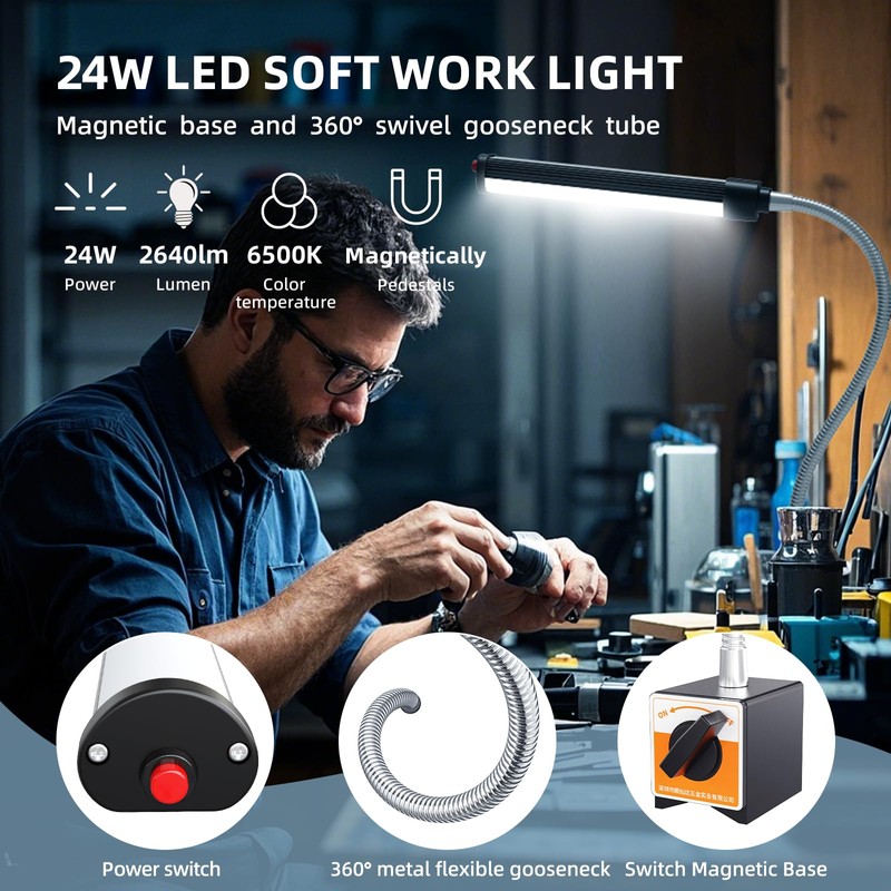 24W LED Magnetic Work Light, 2400 Lumen Flexible Gooseneck Work