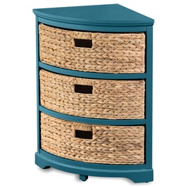 eHemco Hampton Meadows 3 Tier X-Side Corner Table Storage Cabinet with 3 Wicker Baskets, Teal