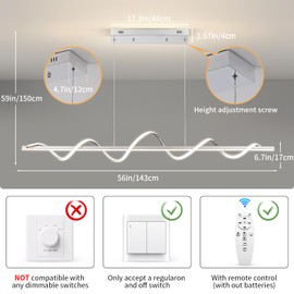 LED Pendant Lights, 3300k-6500K Adjustable Color Temperature Hanging Pendant Lighting, 56.29" Chandelier Dimmable with Remote Control, Aluminum Island Lighting Lamp Fixture for Dining Room,Office Bar