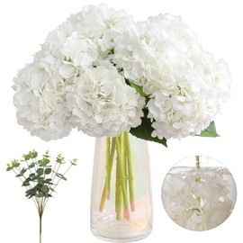 Tifuly - 4 hortensias falsas con jarrón - 3D de tacto real y 3 tallos de eucalipto para centro de mesa de boda, fiesta en el hogar, decoración de mesa (blanco)