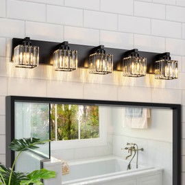 HUOKU 35.43" Black Crystal Bathroom Vanity Light 5-Lights Modern Bathroom Lighting Fixtures Over Mirror, Crystal Wall Light