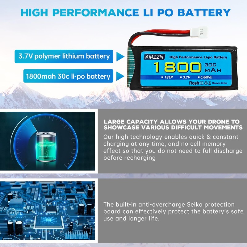 AMZZN 3.7V 1800mAh 30C Lipo Battery with Molex Plug and
