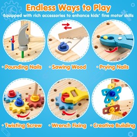 Vanmor Wooden Tool Set for Kids, 57 PCS Portable Toddler Tools with Bench,Montessori STEM Educational Pretend Play Construction Toys,Preschool Learning Gifts for 3-6 Year Old Boys Girls