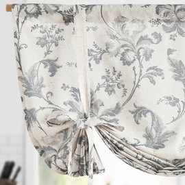 jinchan Tie Up Valance Floral Linen Gray Valance for Windows Farmhouse 54 Inch Damask Printed Short Window Treatment Adjustable for Kitchen Living Room Light Filtering 1 Panel Grey on Beige